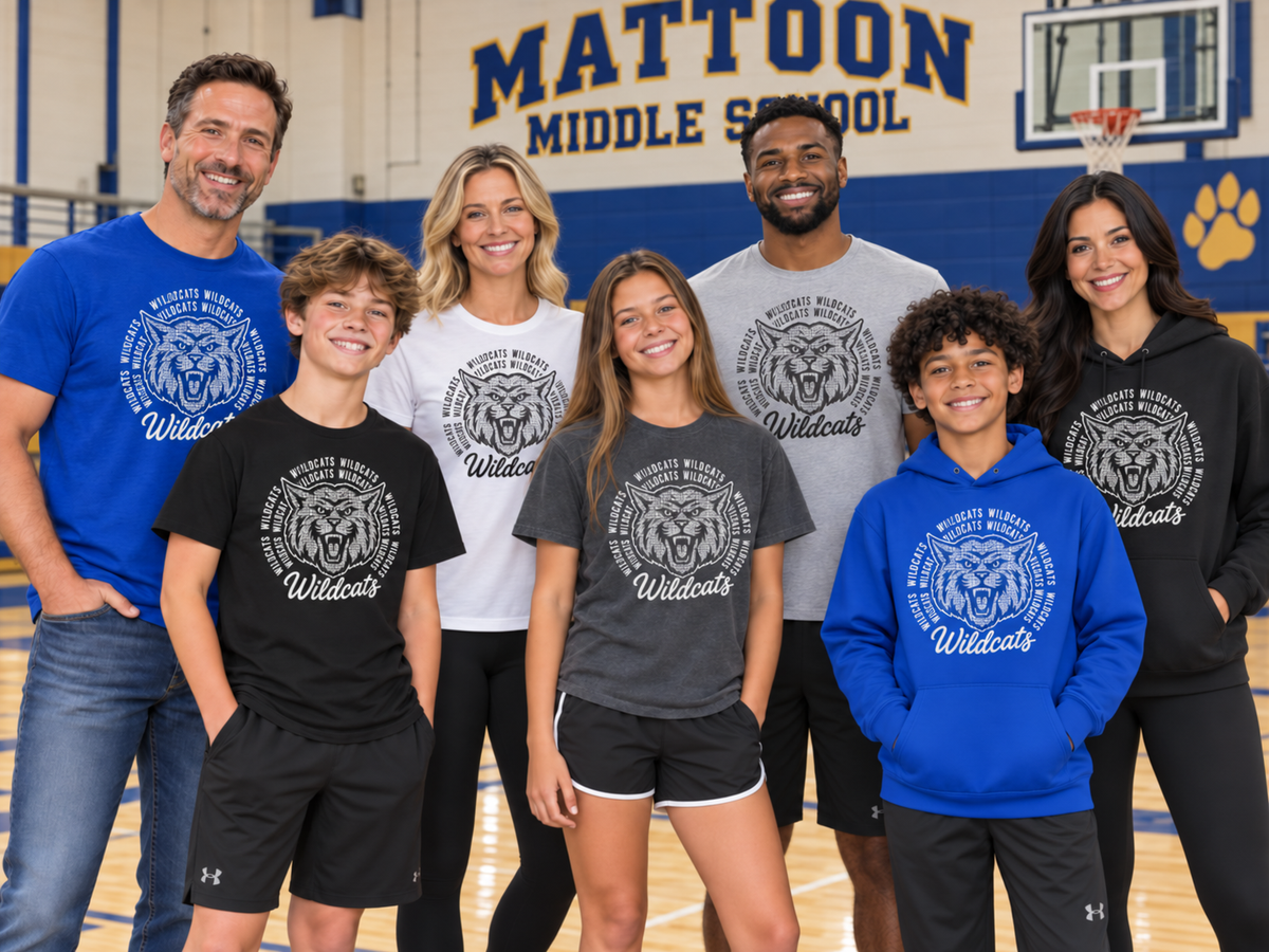 Mattoon Wildcats MW001 adults and youth modeling tees and hoodies in a middle school gym
